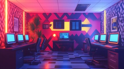 Poster - A retro futuristic office space with vintage computers, neon desk lamps, and bold graphic patterns on the walls, creating a nostalgic yet futuristic vibe. No text, no logo, wide angle shot, cinematic