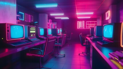 Poster - A retro futuristic office space with vintage computers, neon desk lamps, and bold graphic patterns on the walls, creating a nostalgic yet futuristic vibe. No text, no logo, wide angle shot, cinematic