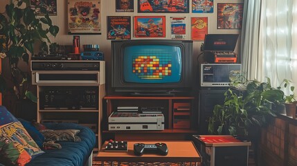 Poster - A classic game room setup with an old TV and retro video game console, surrounded by colorful posters and controllers from the 80s and 90s era. No text, no logo, wide angle shot, cinematic scene, 4k