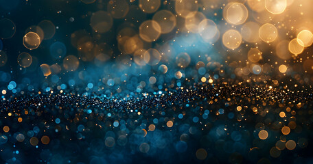 Poster - Abstract glittering lights, in shades of blue and gold, against a dark background, with a bokeh effect