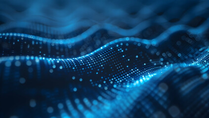 Poster - Abstract digital background with blue glowing dots forming a wave pattern on a dark gradient backdrop