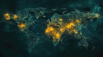  - Abstract Illustration of a World Map with Illuminated Cities and Digital Connections, Representing Global Technology and Data Interconnectivity in a Modern Aesthetic