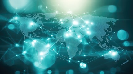 Poster - Abstract World Map with Digital Connections and Glowing Lights, Representing Global Networking, Technology, Data Transfer, and Communication in a Modern Design