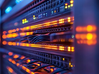 Aufkleber - Close-up of a server rack with glowing lights and cables.