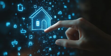 Poster - Hand touching digital hologram of a smart home interface on a futuristic screen