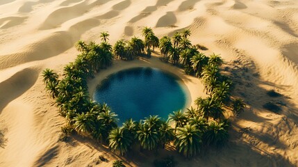 Poster - Aerial view of a desert oasis, with a circle of palm trees surrounding a small blue water pond, creating a symmetrical scene in the middle of vast sand dunes. No text, no logo, wide angle shot,