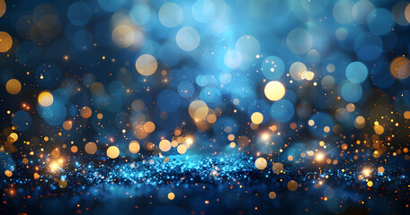 Poster - Abstract blue and gold glitter lights background with bokeh-defocused elements