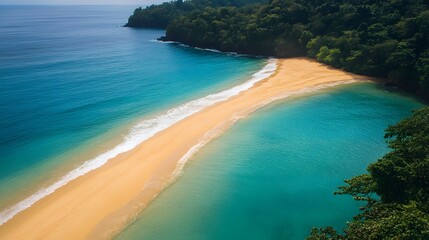 Poster - Aerial shot of a tropical beach with turquoise waters meeting the sandy shore in a perfect curve, creating a symmetrical division between land and sea. No text, no logo, wide angle shot, cinematic