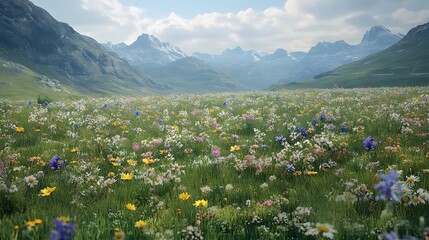 Poster - High perspective of a mountain valley in spring, with fields of wildflowers arranged in natural, symmetrical clusters across the meadow. No text, no logo, wide angle shot, cinematic scene, 4k