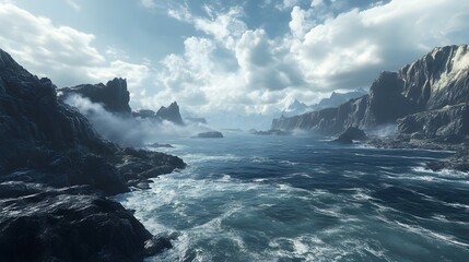 Poster - Expansive view of a rocky coastline with waves crashing symmetrically against cliffs, creating dynamic patterns in the water below. No text, no logo, wide angle shot, cinematic scene, 4k resolution
