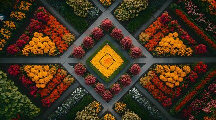Poster - Aerial image of a symmetrical flower garden in full bloom, with pathways forming intricate geometric patterns between brightly colored flower beds. No text, no logo, wide angle shot, cinematic scene,
