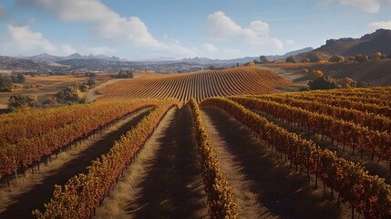 Poster - High perspective of a vineyard during autumn, with rows of grapevines arranged symmetrically across the rolling hills. No text, no logo, wide angle shot, cinematic scene, 4k resolution