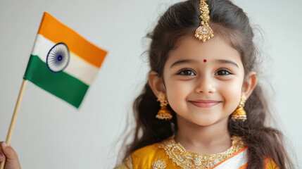 cute indian little girl holding national tricolor flag