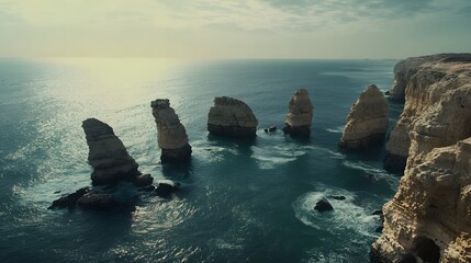 Wall Mural - Aerial view of a rugged coastline with natural rock formations creating a symmetrical, abstract pattern in the ocean waves. No text, no logo, wide angle shot, cinematic scene, 4k resolution