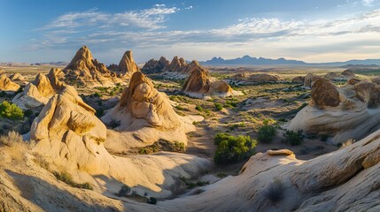 Wall Mural - Expansive view of symmetrical rock formations in a desert landscape, with shadows accentuating the balanced shapes and textures. No text, no logo, wide angle shot, cinematic scene, 4k resolution