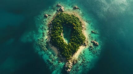 Poster - Bird s-eye view of an island surrounded by turquoise waters, with coral reefs forming a symmetrical design around the land. No text, no logo, wide angle shot, cinematic scene, 4k resolution