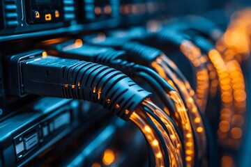 Aufkleber - Close-up of ethernet cables connected to server rack with glowing lights.
