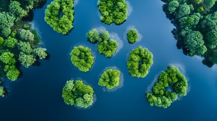 Wall Mural - Bird s-eye view of a beautiful lake with small islands symmetrically placed, with trees and bushes creating an abstract yet organized natural pattern. No text, no logo, wide angle shot, cinematic