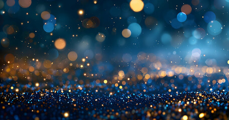 Poster - Abstract blue and gold glitter lights background with bokeh-defocused elements