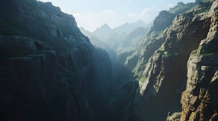 Aufkleber - Expansive view of a canyon with symmetrical cliff faces, deep crevices, and balanced shadows creating a breathtaking landscape. No text, no logo, wide angle shot, cinematic scene, 4k resolution
