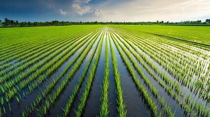 Poster - Bird s-eye view of a rice field flooded with water, creating reflective symmetry as the planted rows line up under the bright sky. No text, no logo, wide angle shot, cinematic scene, 4k resolution