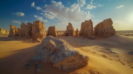 Aufkleber - Expansive shot of a desert landscape with tall rock formations and sand dunes arranged symmetrically, creating a stunning natural balance. No text, no logo, wide angle shot, cinematic scene, 4k