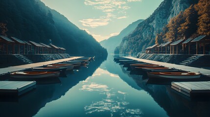 Aufkleber - High perspective of a lake with geometric dock structures extending symmetrically into the water, with boats docked neatly along each side. No text, no logo, wide angle shot, cinematic scene, 4k