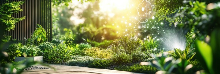 Poster - A lush garden showcases advanced technology with automated sprinklers and soil sensors, thriving under bright sunlight. Generative AI