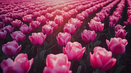 Wall Mural - Aerial perspective of tulip fields in full bloom, with vibrant rows of flowers arranged in perfectly symmetrical lines. No text, no logo, wide angle shot, cinematic scene, 4k resolution