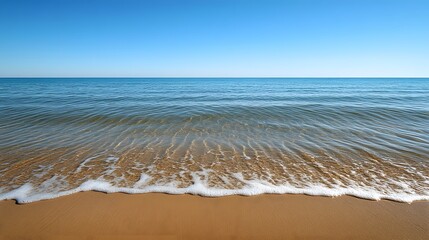 Poster - Expansive shot of ocean waves forming a symmetrical ripple effect as they approach a calm sandy beach, creating a natural pattern. No text, no logo, wide angle shot, cinematic scene, 4k resolution