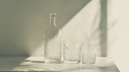 Aufkleber - A clean, simple setup with a clear glass bottle and matching drinking glass placed on a white surface, capturing the purity and elegance of transparent glassware. No text, no logo, wide angle shot,