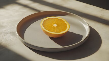 Poster - A light gray ceramic plate with a single sliced orange placed artfully, creating a clean and balanced still life. No text, no logo, wide angle shot, cinematic scene, 4k resolution