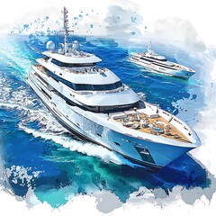 Wall Mural - Luxury Yacht Sailing on a Calm Sea, Watercolor Illustration.