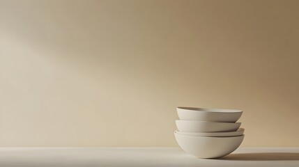 Poster - A neutral background with a set of stacked white ceramic bowls, capturing the elegance of simple forms in minimalistic style. No text, no logo, wide angle shot, cinematic scene, 4k resolution