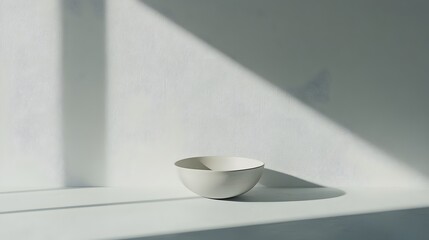 Wall Mural - A clean white surface with an empty ceramic bowl placed in the center, capturing the simplicity of a still life arrangement. No text, no logo, wide angle shot, cinematic scene, 4k resolution