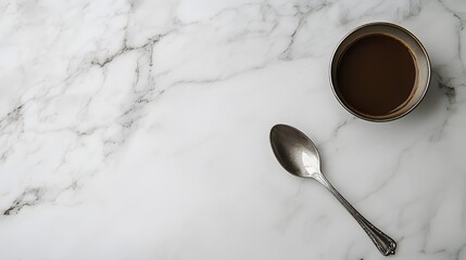 Poster - A minimalistic setup with a silver spoon and a single coffee bean placed on a white marble background, creating a refined, simple look. No text, no logo, wide angle shot, cinematic scene, 4k