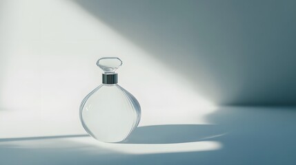 Aufkleber - A smooth white surface with an elegant perfume bottle, casting a delicate shadow in a minimalist product photography style. No text, no logo, wide angle shot, cinematic scene, 4k resolution