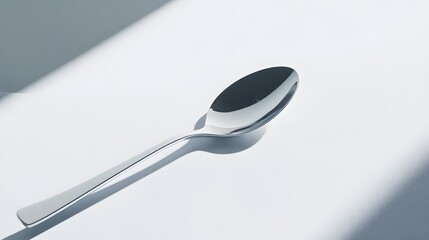 Poster - A smooth white surface with a polished silver spoon placed diagonally, creating a clean and simple arrangement. No text, no logo, wide angle shot, cinematic scene, 4k resolution