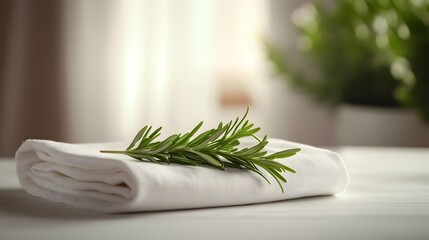 Wall Mural - A plain background with a folded linen napkin and a sprig of rosemary, creating a clean and elegant composition. No text, no logo, wide angle shot, cinematic scene, 4k resolution