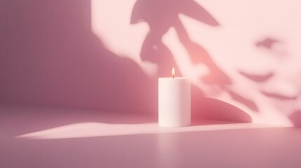 Aufkleber - A single white candle placed on a pale pink surface, casting a delicate shadow to create a soft minimalist look. No text, no logo, wide angle shot, cinematic scene, 4k resolution