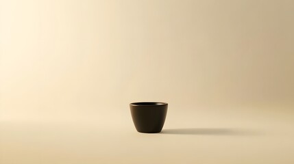 Poster - A plain, neutral-toned background with a small black espresso cup, placed slightly off-center to capture a refined, simple look. No text, no logo, wide angle shot, cinematic scene, 4k resolution