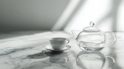 Wall Mural - A clear glass teapot and teacup on a white marble surface, casting subtle reflections in a minimalist arrangement. No text, no logo, wide angle shot, cinematic scene, 4k resolution