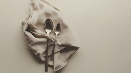 Poster - A neutral-toned background with a folded beige linen napkin and a small silver spoon, creating a serene minimalist aesthetic. No text, no logo, wide angle shot, cinematic scene, 4k resolution
