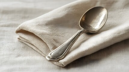 Poster - A neutral-toned background with a folded beige linen napkin and a small silver spoon, creating a serene minimalist aesthetic. No text, no logo, wide angle shot, cinematic scene, 4k resolution
