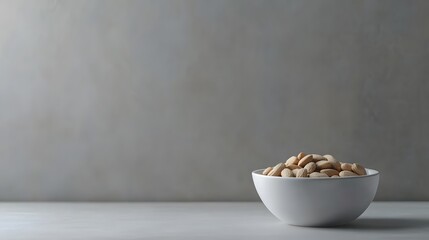 Aufkleber - A smooth gray background with a small white bowl of almonds, focusing on simple, natural textures in a minimalistic composition. No text, no logo, wide angle shot, cinematic scene, 4k resolution