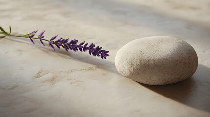 Poster - A soft beige surface with a single polished stone and a sprig of lavender, highlighting the beauty of minimalism. No text, no logo, wide angle shot, cinematic scene, 4k resolution