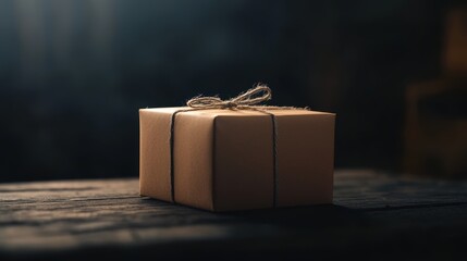 Rustic gift box tied with twine on a wooden surface