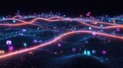 Poster - Futuristic Digital Landscape with Vibrant Data Flow, Connecting Icons and Symbols in a Sci-fi Environment Representing Technology and Innovation