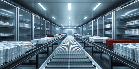 Poster - Empty warehouse with conveyor belt and shelves full of boxes.