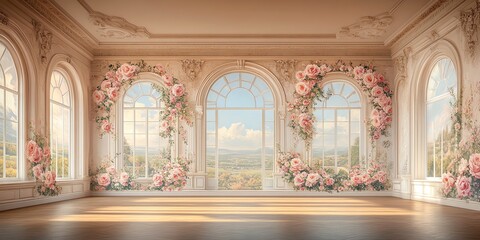 Poster - Empty, ornate room with arched windows and floral wall decor.